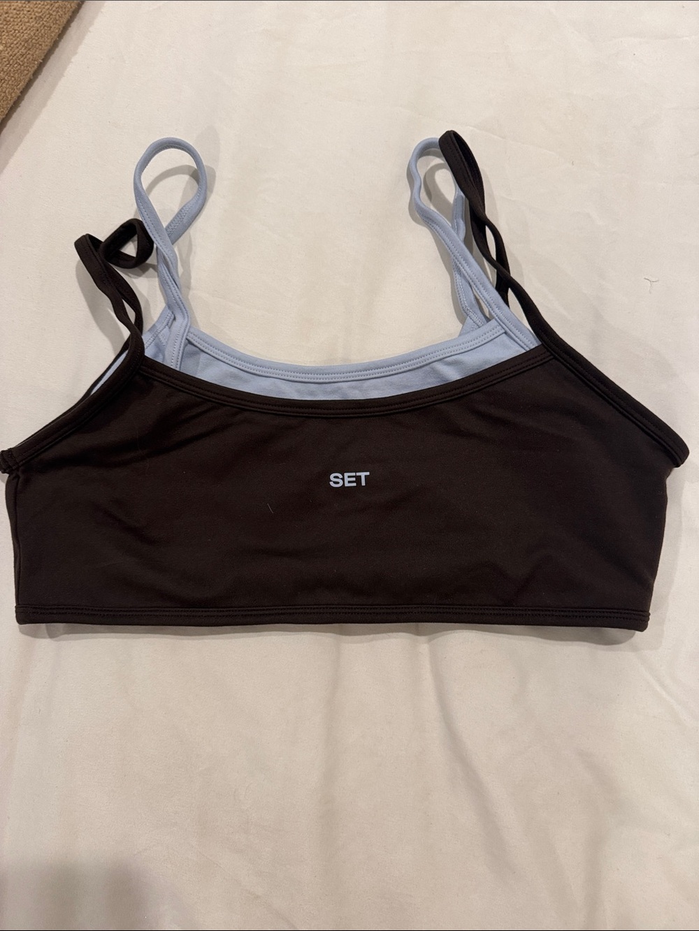 SET Active Women's Double-Strap Bralette - Dark Grey with Light Blue Trim